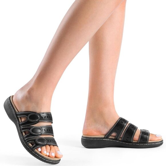 Women's Faux Leather Slide Sandals Casual Comfortable Arch Support Flat - Picture 6 of 8
